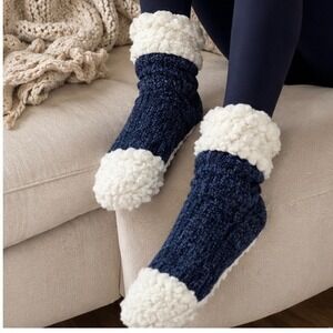 The Comfy Slipper Socks Navy Blue Sherpa Lined Plush Cozy Shark Tank One Size